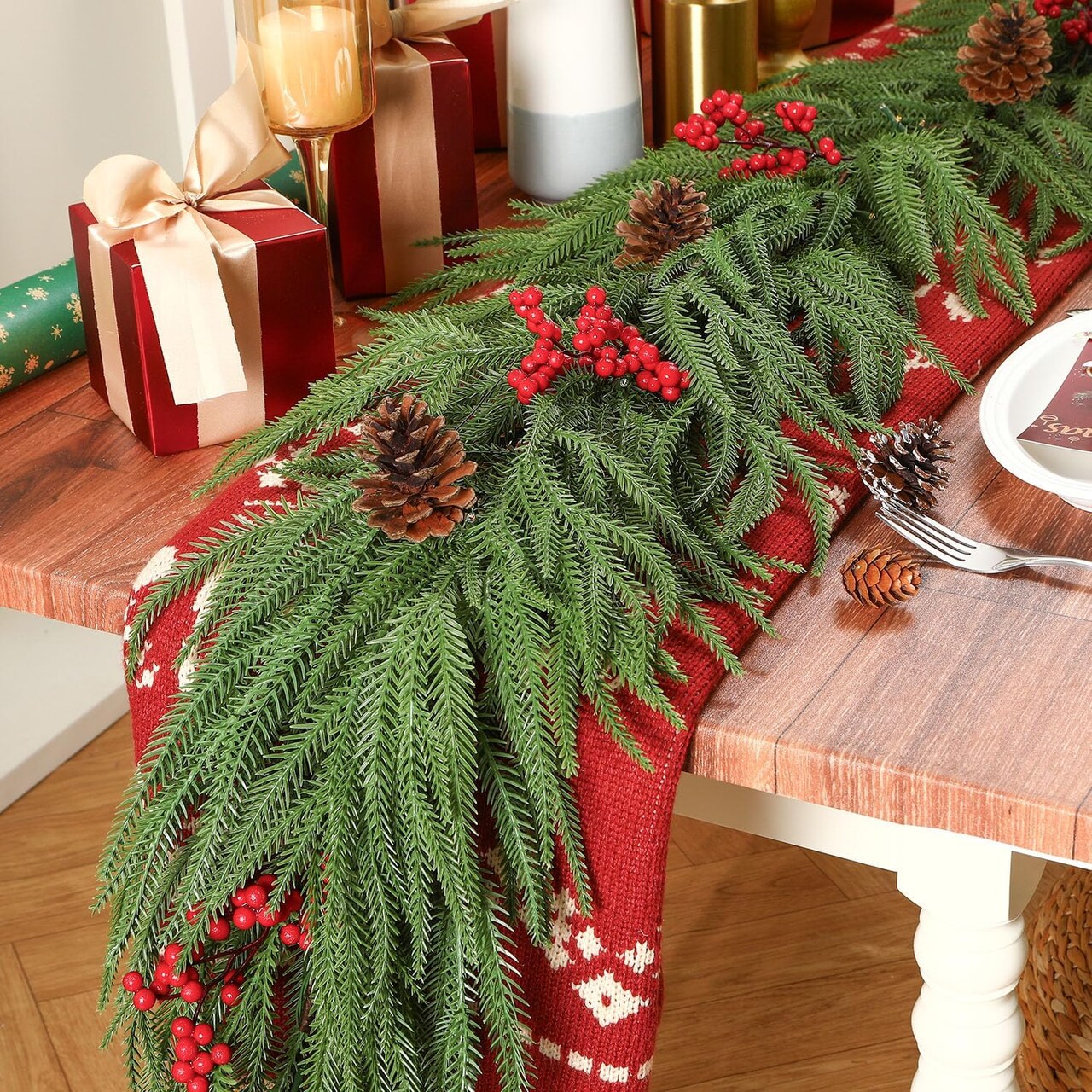 9FT Christmas Garland Prelit Faux Decorations, Realistic Green Norfolk Pine Garland